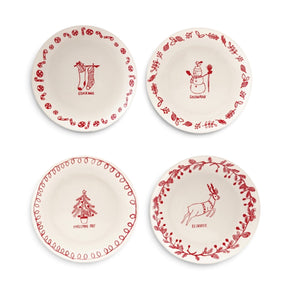  Four white ceramic plates with red stockings, snowman, Christmas tree, and reindeer illustrations, matching words, and festive patterned borders
