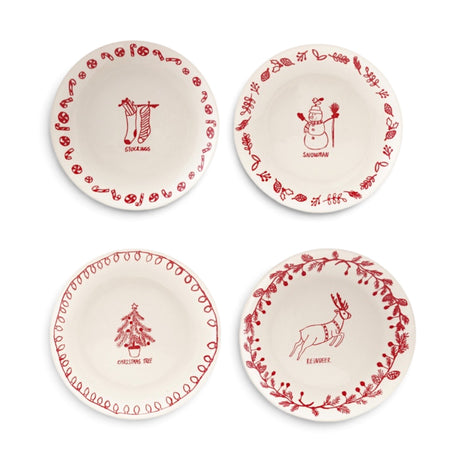  Four white ceramic plates with red stockings, snowman, Christmas tree, and reindeer illustrations, matching words, and festive patterned borders