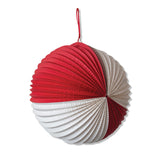 Red and white pleated paper ball ornament, 12 inches round, folding design
