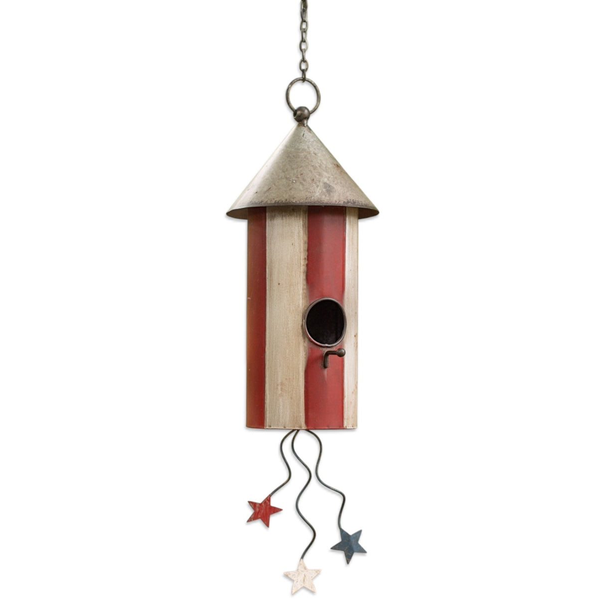 red white striped patriotic hanging birdhouse metal outdoor decor with star accents