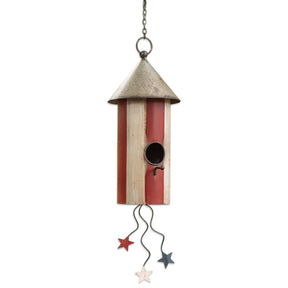 red white striped patriotic hanging birdhouse metal outdoor decor with star accents
