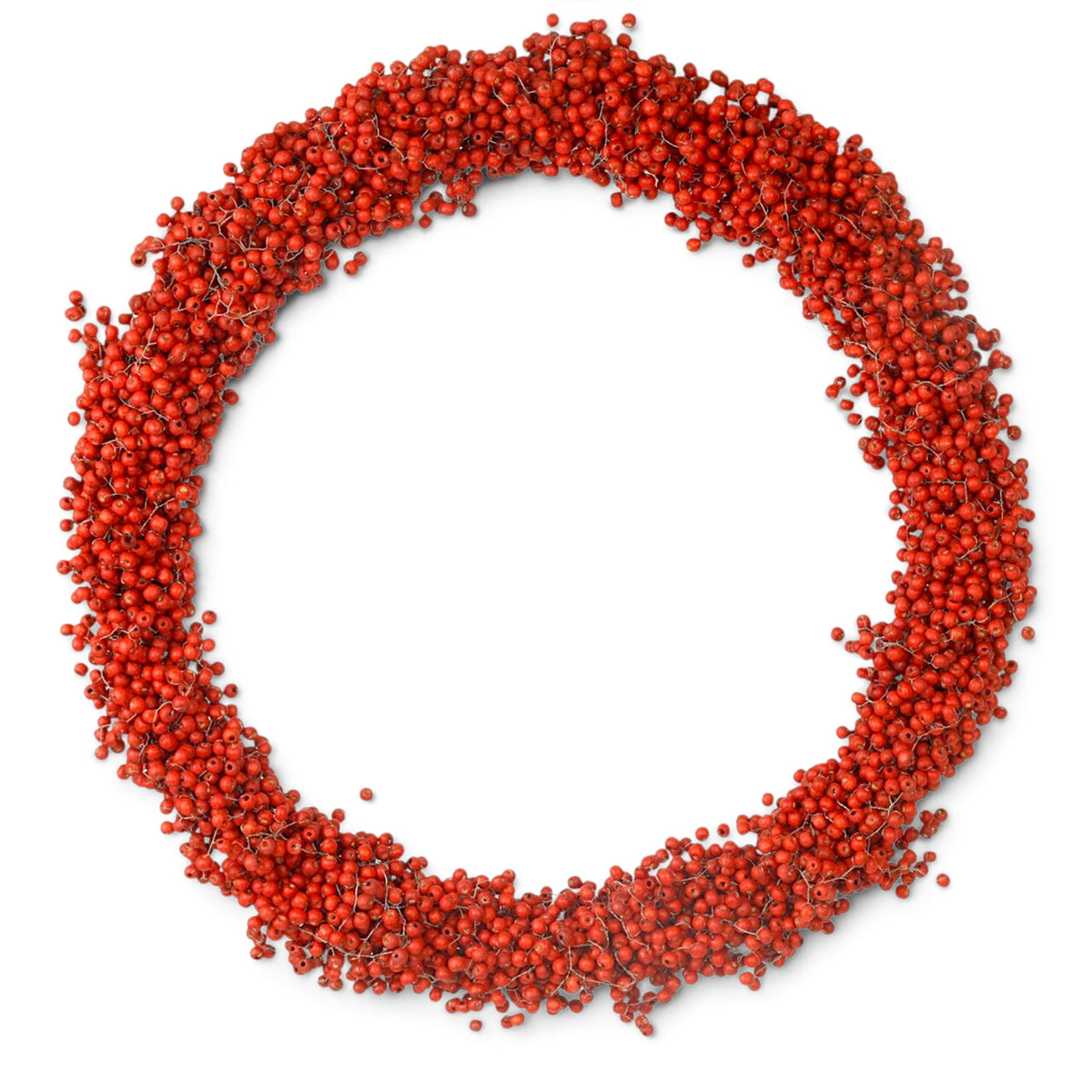 Handcrafted 20-inch Christmas wreath made with an abundance of red wooden beads arranged to resemble berries.