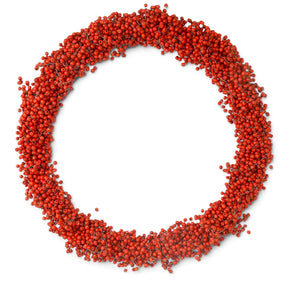 Handcrafted 20-inch Christmas wreath made with an abundance of red wooden beads arranged to resemble berries.