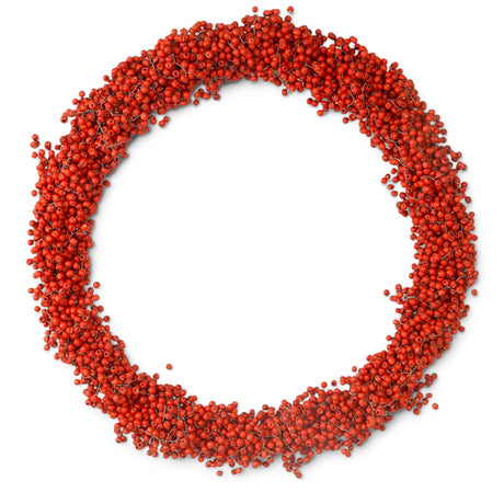Handcrafted 20-inch Christmas wreath made with an abundance of red wooden beads arranged to resemble berries.