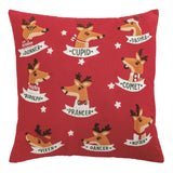 Red 20-inch pillow with appliquéd reindeer faces and names