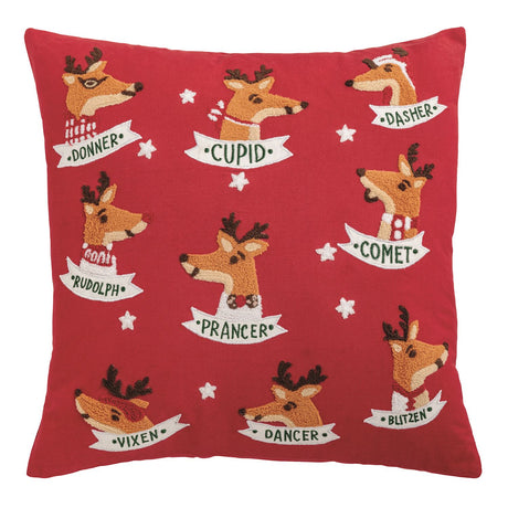 Red 20-inch pillow with appliquéd reindeer faces and names