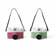 Mini resin camera ornaments in pink and green with faux straps