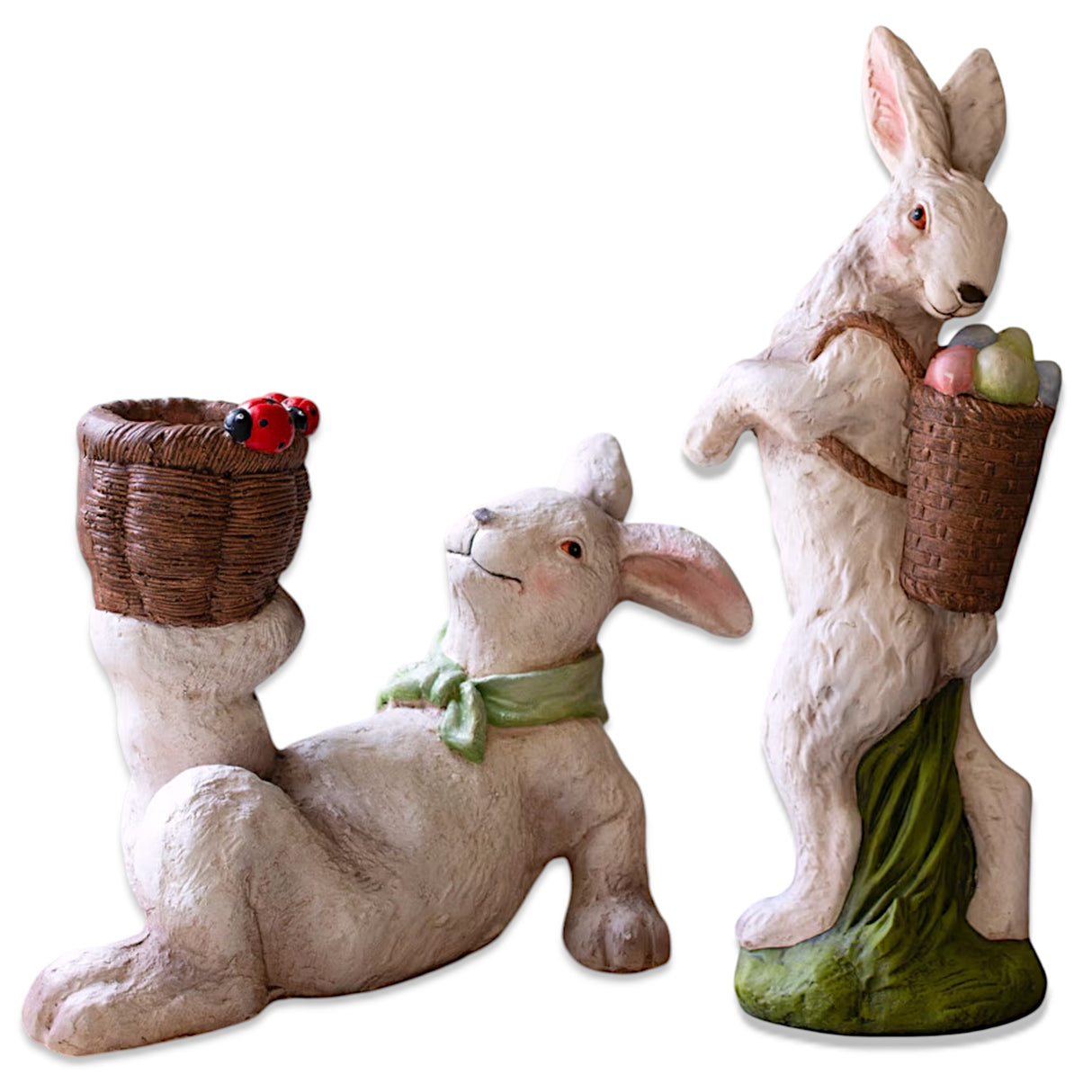 Resin Easter bunnies with decorative baskets, one standing with eggs and one lounging with ladybugs.