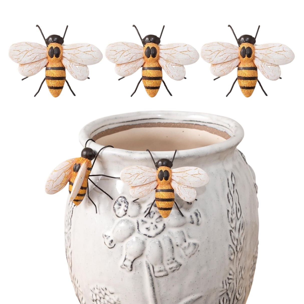 Hand-painted resin bee pot hugger perched on a decorative ceramic vase.
