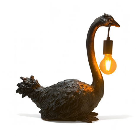 Black resin ostrich table lamp with inline switch and hanging bulb