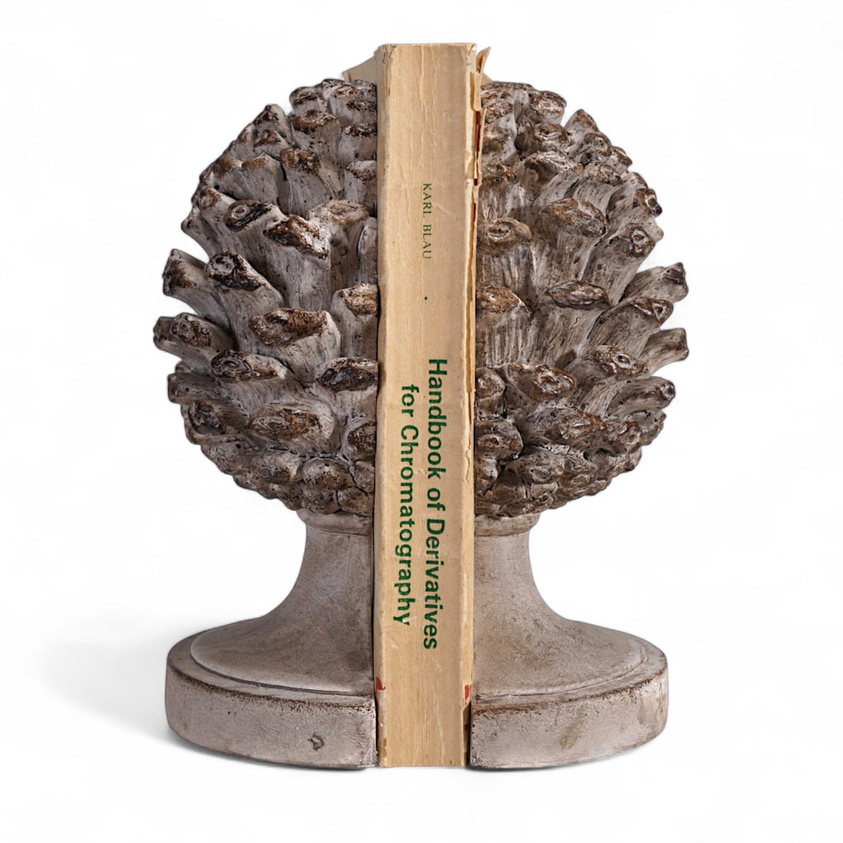 Set of 2 resin pinecone finial bookends in distressed brown finish