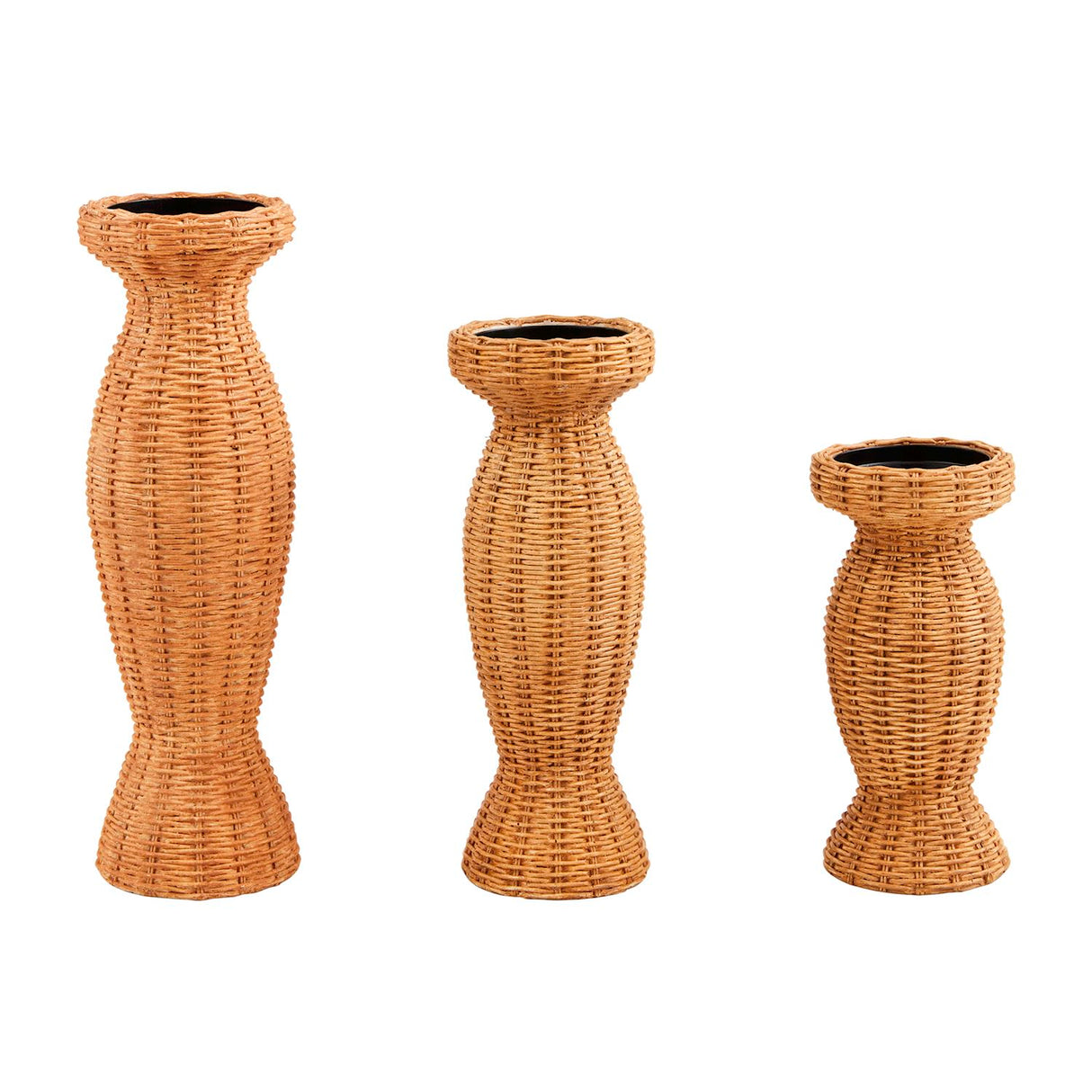 Set of three resin wicker weave candlesticks in various heights with a woven texture