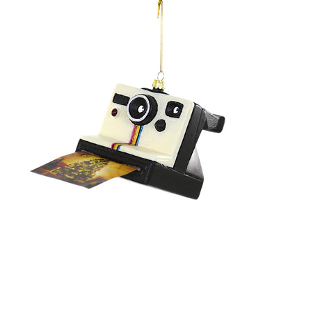 Vintage-style glass camera ornament with rainbow stripe and photo detail