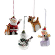 four retro glass Rudolph character ornaments including Santa, reindeer, snowman, and elf