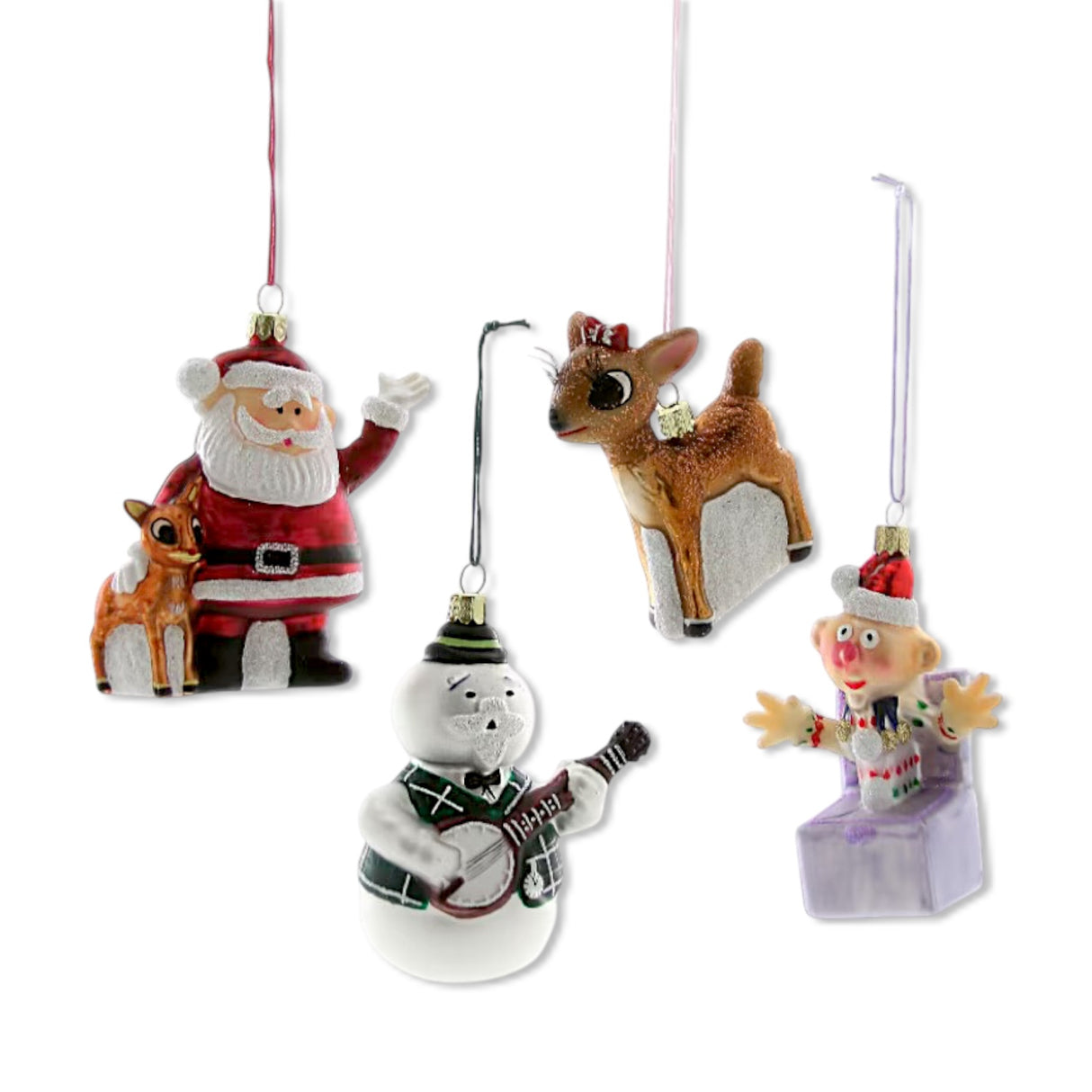 four retro glass Rudolph character ornaments including Santa, reindeer, snowman, and elf