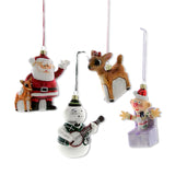 four retro glass Rudolph character ornaments including Santa, reindeer, snowman, and elf