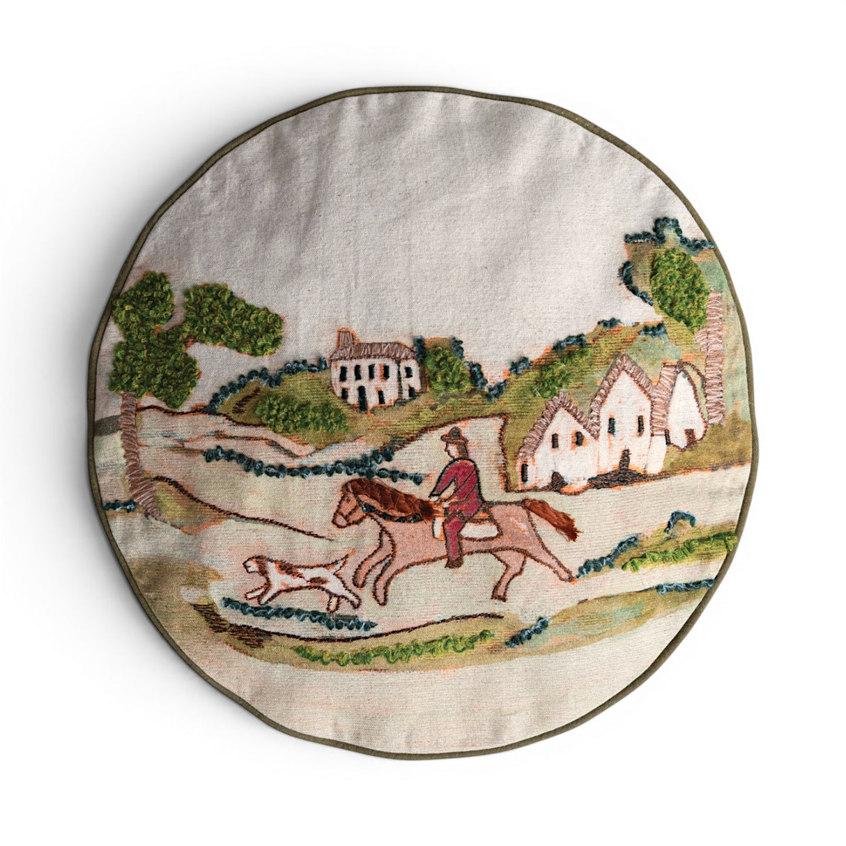 round cotton linen pillow with embroidered countryside hunting scene horse and dog
