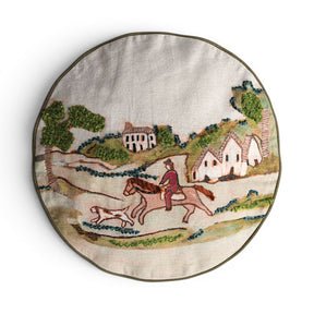round cotton linen pillow with embroidered countryside hunting scene horse and dog
