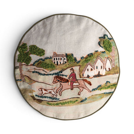round cotton linen pillow with embroidered countryside hunting scene horse and dog
