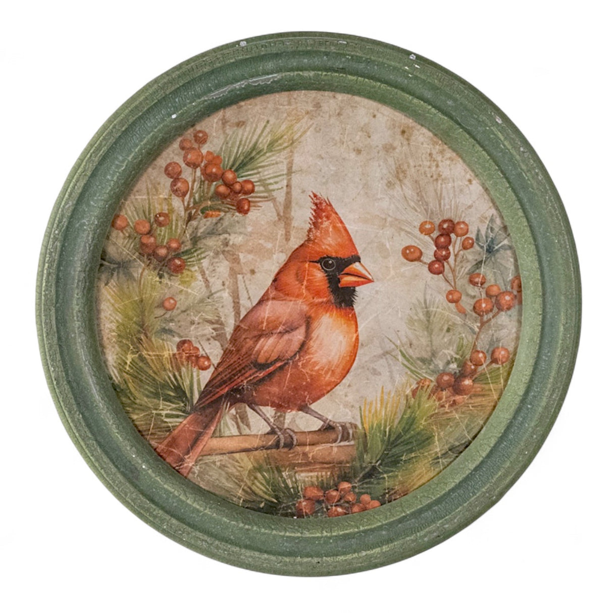 Round framed holiday wall art with red cardinal