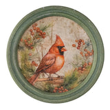 Round framed holiday wall art with red cardinal