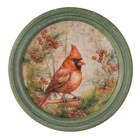 Round framed holiday wall art with red cardinal