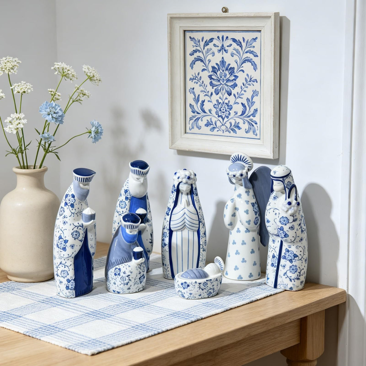 Ceramic Nativity Set with Blue Floral Pattern