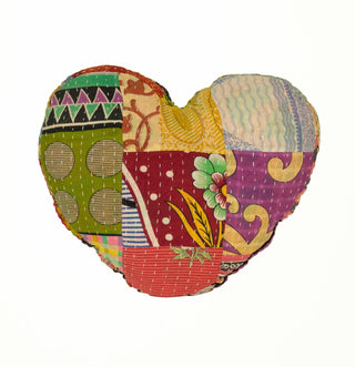 Hand-Stitched Heart Shape Kantha Pillow