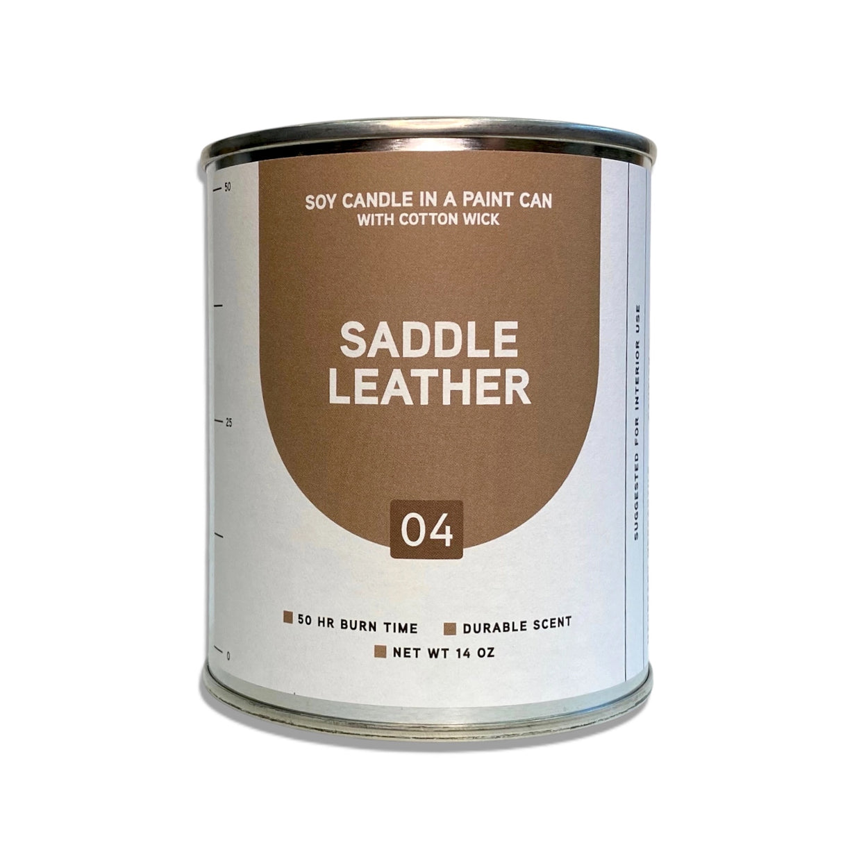 saddle leather soy candle with leather patchouli and cedar scent in paint can style vessel