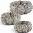 Sage green scalloped wood chip decorative pumpkins in small and medium sizes with layered texture and natural stems