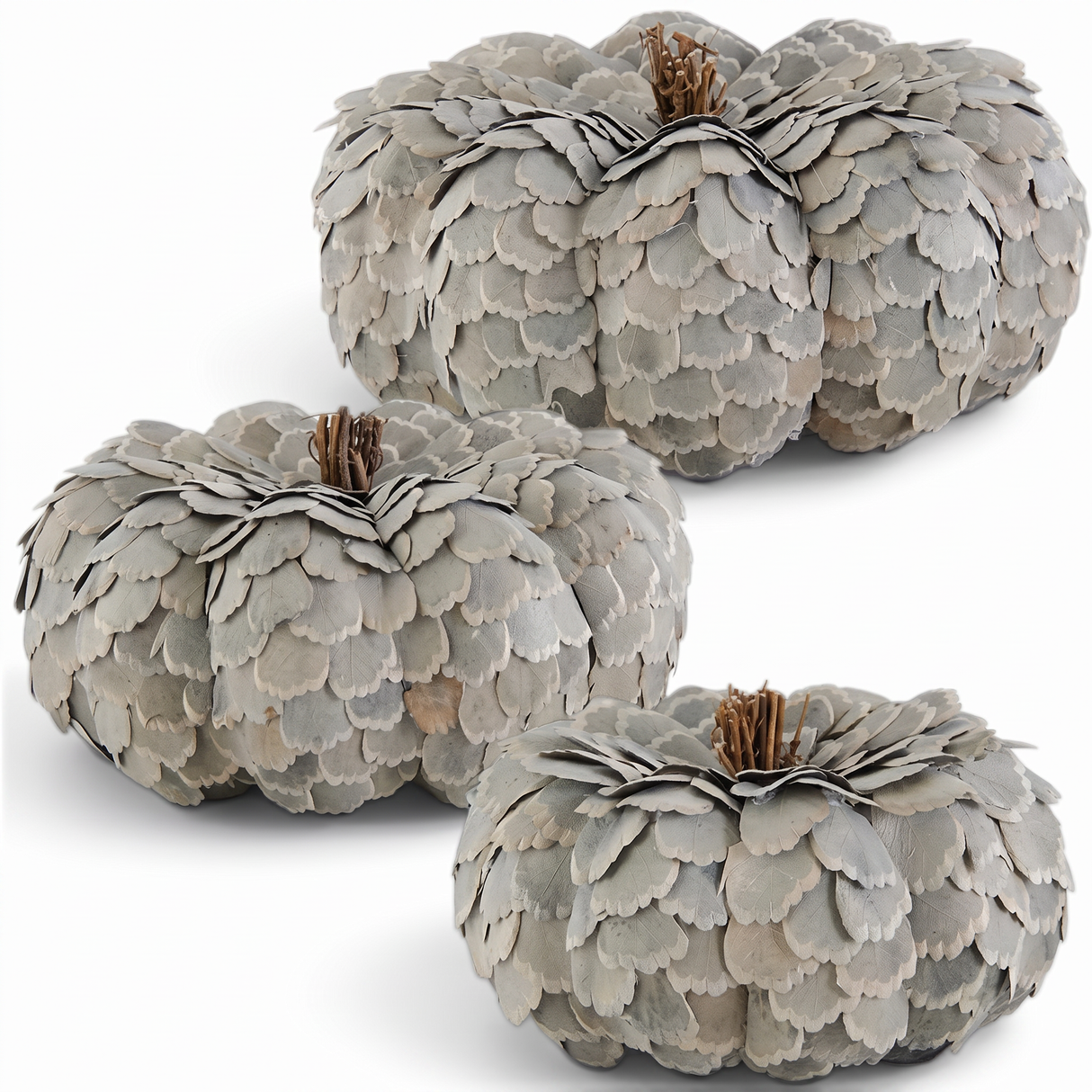 Sage green scalloped wood chip decorative pumpkins in small and medium sizes with layered texture and natural stems