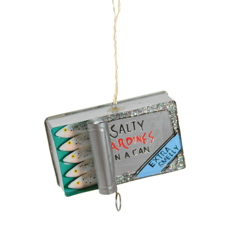 Metal sardine can ornament with glitter and rolled lid, labeled Extra Smelly by cody foster