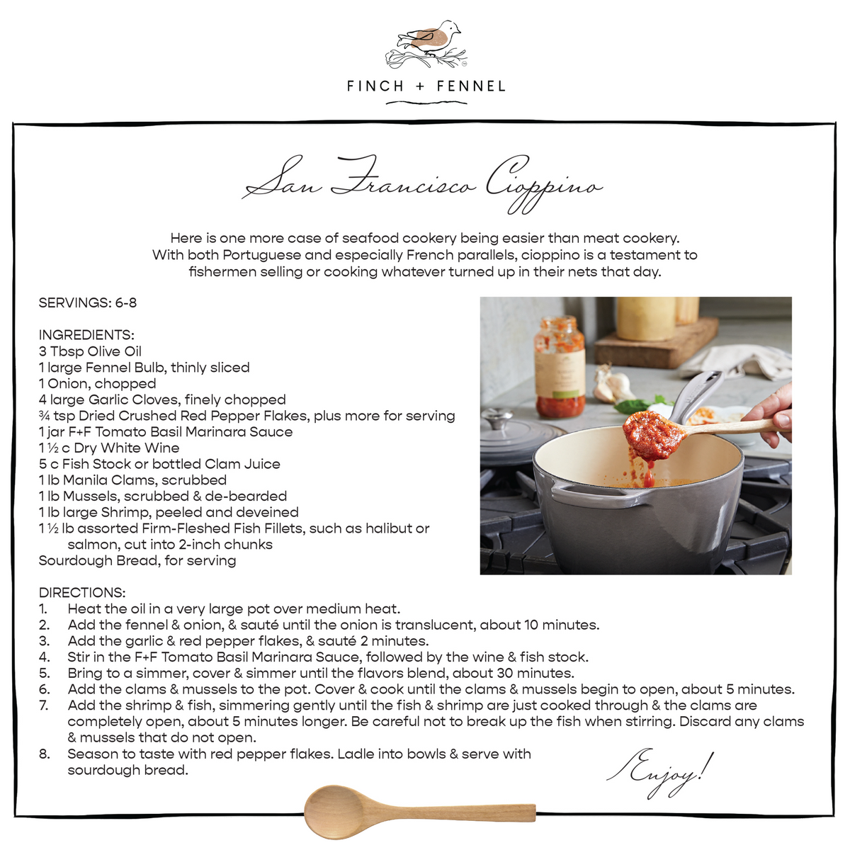 San Francisco cioppino recipe made with Finch + Fennel Tomato Basil Marinara Sauce