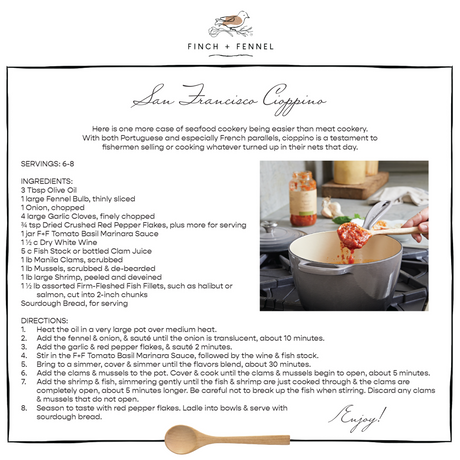 San Francisco cioppino recipe made with Finch + Fennel Tomato Basil Marinara Sauce