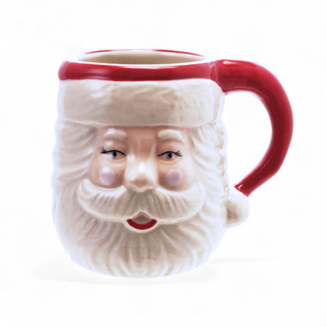 Hand-painted stoneware Santa head mug 14 oz in red and white with sculpted details