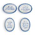 Blue and white scalloped ceramic trinket dishes with funny sayings in four styles
