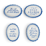 Blue and white scalloped ceramic trinket dishes with funny sayings in four styles