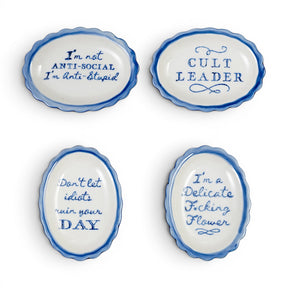 Blue and white scalloped ceramic trinket dishes with funny sayings in four styles