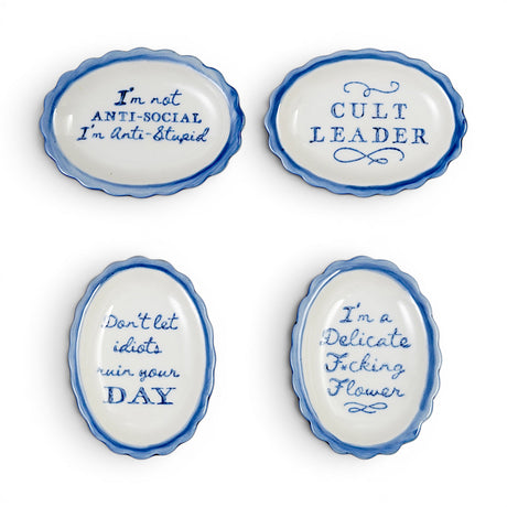 Blue and white scalloped ceramic trinket dishes with funny sayings in four styles