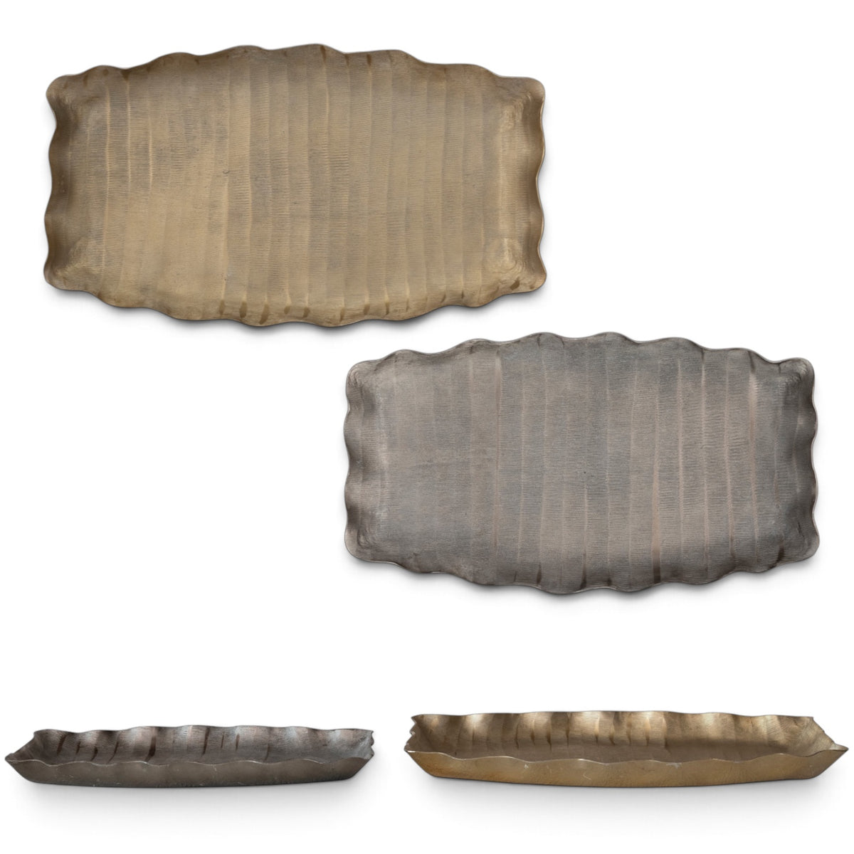Two elongated aluminum decorative trays with scalloped edges and debossed lines, shown in smaller pewter and larger gold finishes