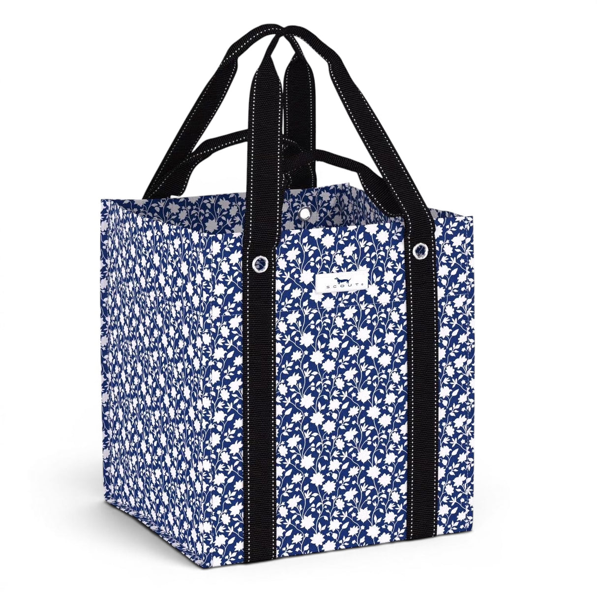 large blue floral reusable grocery tote bag heavy duty structured market bag by SCOUT