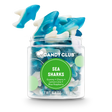 Sea Sharks gummy candy in a clear small cup featuring blue and white shark-shaped gummies, 6.4 oz net weight