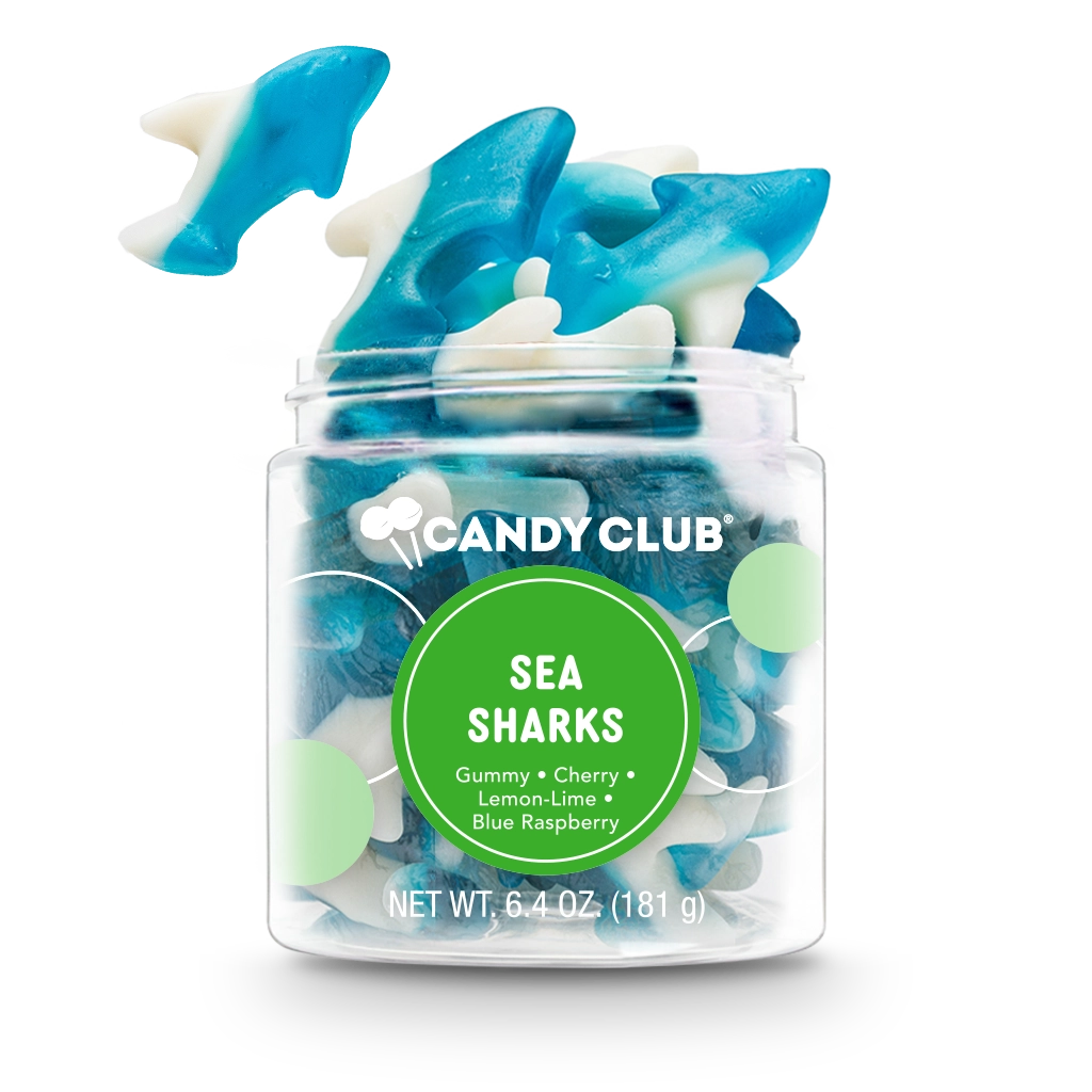 Sea Sharks gummy candy in a clear small cup featuring blue and white shark-shaped gummies, 6.4 oz net weight