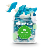 Sea Sharks gummy candy in a clear small cup featuring blue and white shark-shaped gummies, 6.4 oz net weight