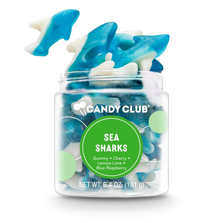 Sea Sharks gummy candy in a clear small cup featuring blue and white shark-shaped gummies, 6.4 oz net weight