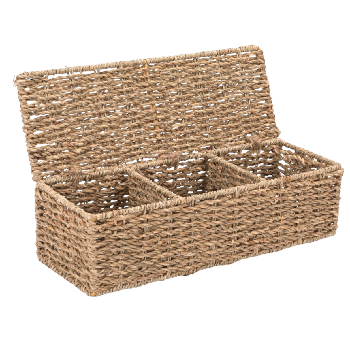 handwoven seagrass storage basket with lid and divided compartments for home organization