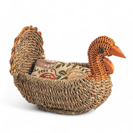 Seagrass turkey basket with cotton flour sack towel, Thanksgiving 2-piece set