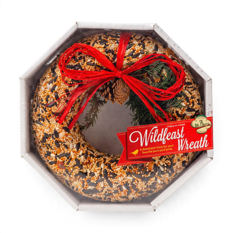 Round 9-inch bird feeding wreath made from solid seed, nuts, and fruit, presented in a shrink-wrapped tray.