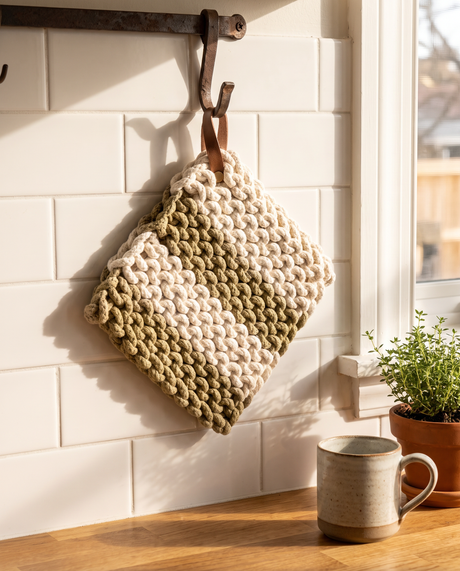 Ivory and Sage Stripe Chunky Knit Pot Holder