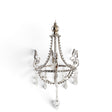 Silver metal chandelier ornament with curved scrollwork, clear acrylic jewels, and dangling faceted pendants.